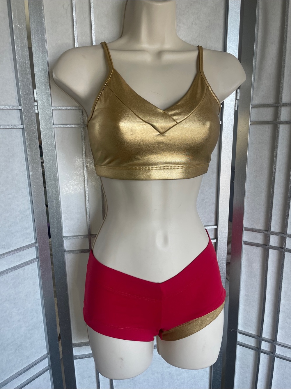 Metallic Gold Sports Bra and Red Shorts - Elisabetta Rogiani - XS Top/S Bottoms